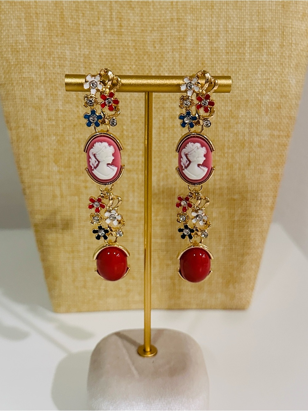 Fashion Jewelry Gold Floral Cameo Drop Earrings with Pink Cameos and Red Accents